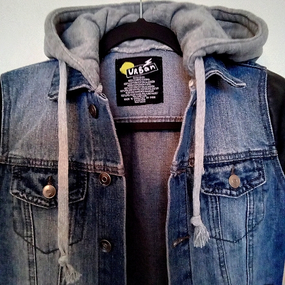 Boys Distressed Denim Jacket with Hood & Faux Leather Sleeves - Picture 3 of 14